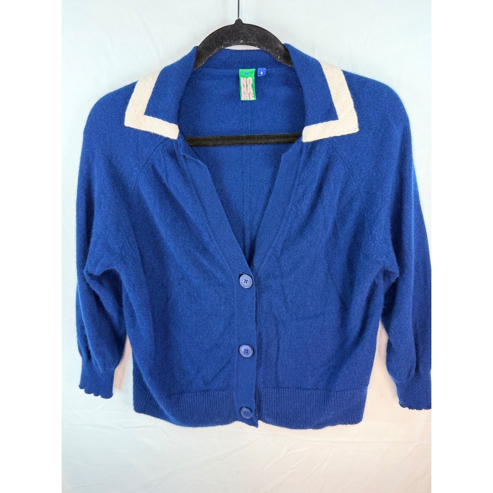 No Name Royal‎ Blue 100% Cashmere Cardigan Sweater Cream Polo Collar Small